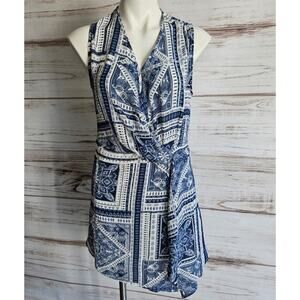Funky Soul Blue and White Print Surplice Dress sz Small
